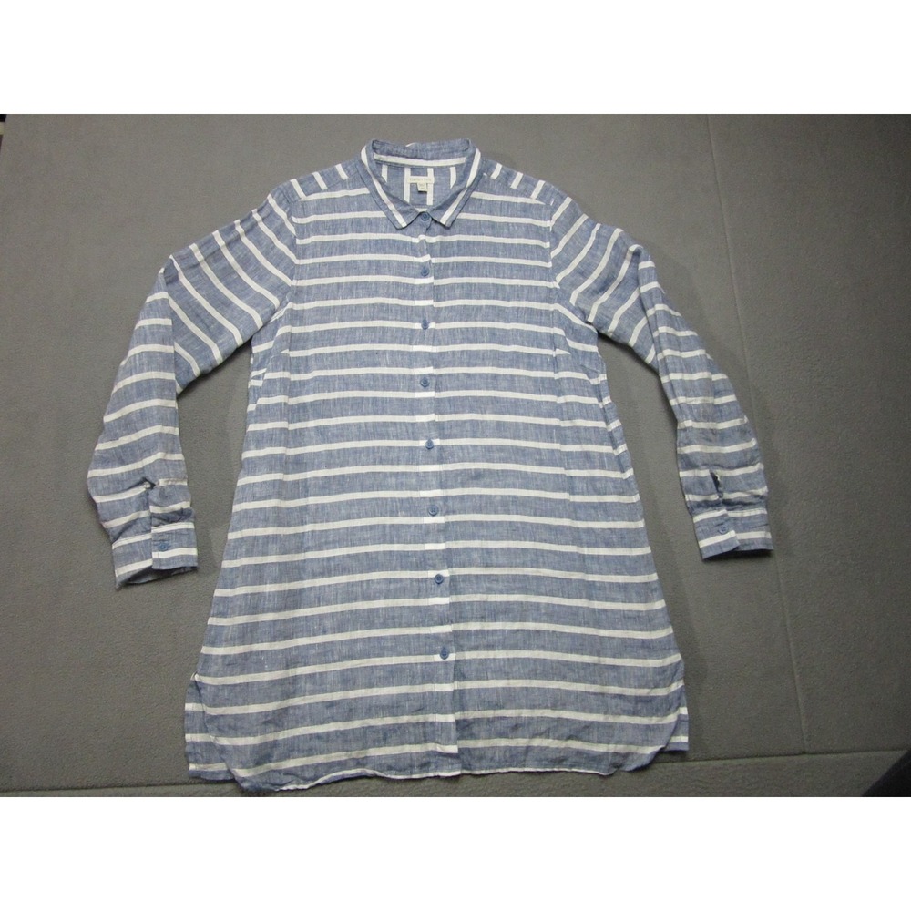 Garnet Hill Linen Shirt Dress Womens Medium Blue White Striped Button Up